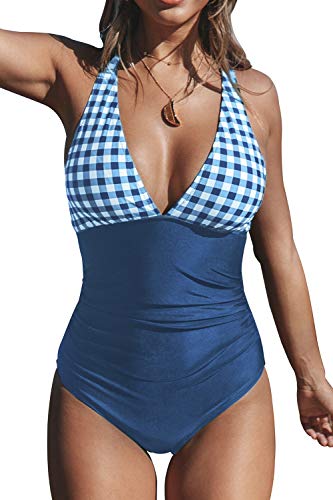 CUPSHE Mujer Traje de Baño a Cuadros Bañador Escote en V Traje de Baño Una Pieza Azul M
