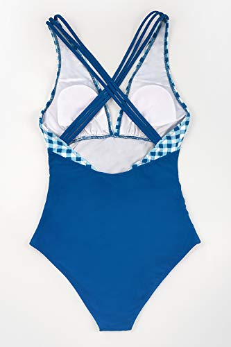 CUPSHE Mujer Traje de Baño a Cuadros Bañador Escote en V Traje de Baño Una Pieza Azul XXL