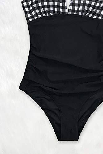 CUPSHE Mujer Traje de Baño a Cuadros Bañador Escote en V Traje de Baño Una Pieza Negro M