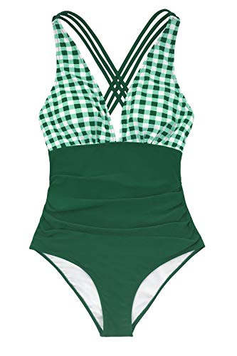 CUPSHE Mujer Traje de Baño a Cuadros Bañador Escote en V Traje de Baño Una Pieza Verde XL