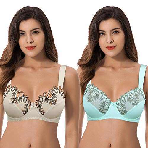 Curve Muse Sujetadores sin Forro con Aros y Talla Grande para Mujer, con Encaje Bordado-Paquete de 2-Desnudo,luz azul-90B