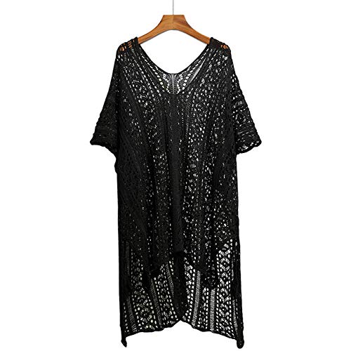 Cxypeng Elegante Traje Ropa De Baño Suelto,Blusa Calada de Punto Extragrande, Protector Solar Suelto de Longitud Media Vestido de Playa-Negro,Túnica Pareo para Mujer Playa Bikini