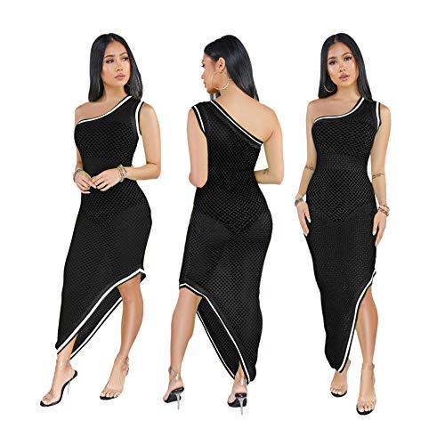 Cxypeng Mujer Vestidos Playeros de Baño,Perspectiva de Malla Sexy Blusa de Playa ahuecada, Bolso Irregular Falda de Playa de Cadera-Black_XXL,Vestidos de Playa Pareos Playeros