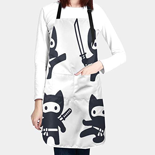 DAHALLAR Ajustable Colgante de Cuello Personalizado Delantal Impermeable,Cute dibujos animados Ninja Cat Set Adorable estilo japonés moderno en blanco y negro,Babero de Cocina Vestido con 2 Bolsillos