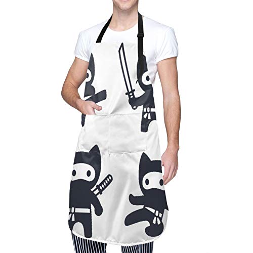 DAHALLAR Ajustable Colgante de Cuello Personalizado Delantal Impermeable,Cute dibujos animados Ninja Cat Set Adorable estilo japonés moderno en blanco y negro,Babero de Cocina Vestido con 2 Bolsillos