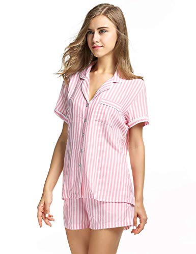 Damas Casuales 2 Pijamas Conjunto con Cuello Abotonado Manga Corta con Botones Basic Y Pantalones Cortos A Rayas De Cintura Elástica Ropa (Color : Rot, Size : S)
