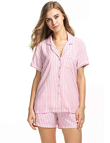 Damas Casuales 2 Pijamas Conjunto con Cuello Abotonado Manga Corta con Botones Basic Y Pantalones Cortos A Rayas De Cintura Elástica Ropa (Color : Rot, Size : S)