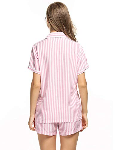 Damas Casuales 2 Pijamas Conjunto con Cuello Abotonado Manga Corta con Botones Basic Y Pantalones Cortos A Rayas De Cintura Elástica Ropa (Color : Rot, Size : S)