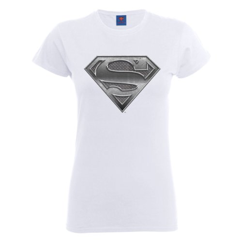 DC Comics Official Superman Steel Plate Logo Womens T-Shirt Camiseta, Blanco, XXL para Mujer