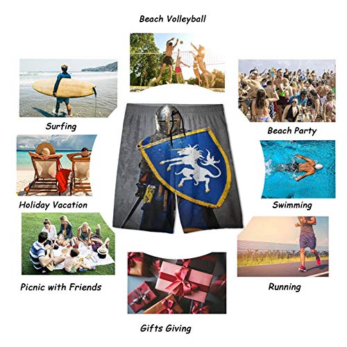 De Los Hombres Casual Pantalones Cortos,Caballero medieval con escudo y espada, historia envejecida, ilustraciones de diseño oxidado,Traje de Baño Playa Ropa de Deporte con Forro de Malla