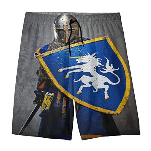 De Los Hombres Casual Pantalones Cortos,Caballero medieval con escudo y espada, historia envejecida, ilustraciones de diseño oxidado,Traje de Baño Playa Ropa de Deporte con Forro de Malla