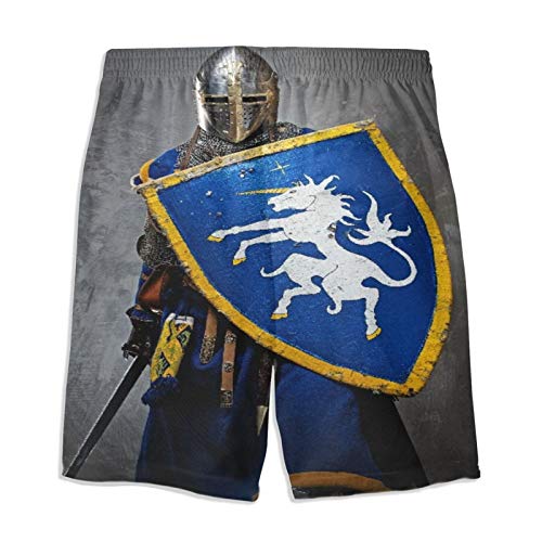 De Los Hombres Casual Pantalones Cortos,Caballero medieval con escudo y espada, historia envejecida, ilustraciones de diseño oxidado,Traje de Baño Playa Ropa de Deporte con Forro de Malla