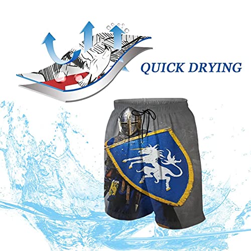 De Los Hombres Casual Pantalones Cortos,Caballero medieval con escudo y espada, historia envejecida, ilustraciones de diseño oxidado,Traje de Baño Playa Ropa de Deporte con Forro de Malla