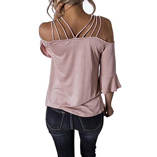 Decai Verano Camisas de Hombro Frío Blusas Tops Chaleco de Manga Corta Túnica Tops Casual Camiseta de Tirantes para Mujer Señoras Blusa Sólida Correa Suelta Columpios Rosa 34-36 EU
