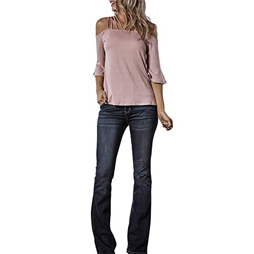 Decai Verano Camisas de Hombro Frío Blusas Tops Chaleco de Manga Corta Túnica Tops Casual Camiseta de Tirantes para Mujer Señoras Blusa Sólida Correa Suelta Columpios Rosa 34-36 EU