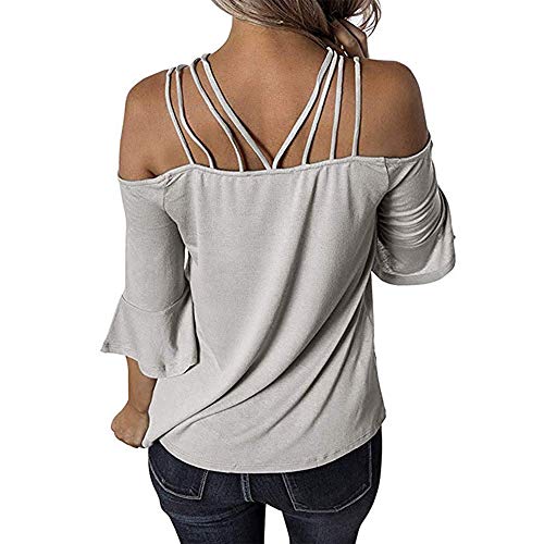 Decai Verano Camisas de Hombro Frío Blusas Tops Chaleco de Manga Corta Túnica Tops Casual Camiseta de Tirantes para Mujer Señoras Blusa Sólida Correa Suelta Columpios Gris 34-36 EU