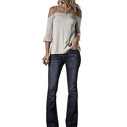 Decai Verano Camisas de Hombro Frío Blusas Tops Chaleco de Manga Corta Túnica Tops Casual Camiseta de Tirantes para Mujer Señoras Blusa Sólida Correa Suelta Columpios Gris 34-36 EU