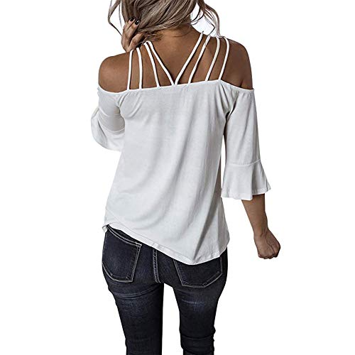 Decai Verano Camisas de Hombro Frío Blusas Tops Chaleco de Manga Corta Túnica Tops Casual Camiseta de Tirantes para Mujer Señoras Blusa Sólida Correa Suelta Columpios Blanco 40-42 EU