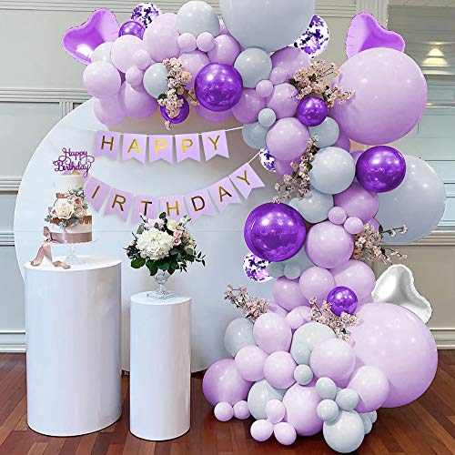 Decoraciones cumpleaños moradas, globos morados pastel, globos morados grises macaron, pancarta de HAPPY BIRTHDAY, globos morados metálicos, globos confeti morados, globos corazón, adorno para tarta