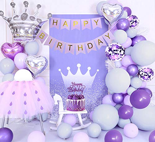 Decoraciones cumpleaños moradas, globos morados pastel, globos morados grises macaron, pancarta de HAPPY BIRTHDAY, globos morados metálicos, globos confeti morados, globos corazón, adorno para tarta