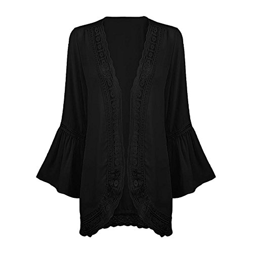 DEELIN CordóN De Gasa Casual De Manga Larga De Encaje De Las Mujeres Suelta Kimono Top 2018 (S, Negro)