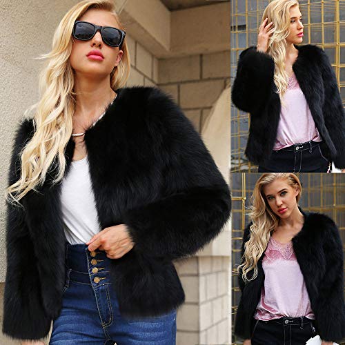 DEELIN Moda Mujer Personalidad Ocasional ImitacióN Piel SóLido Color Gran Chaqueta De Solapa Invierno Abrigo De Felpa Abrigo Negro