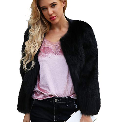 DEELIN Moda Mujer Personalidad Ocasional ImitacióN Piel SóLido Color Gran Chaqueta De Solapa Invierno Abrigo De Felpa Abrigo Negro