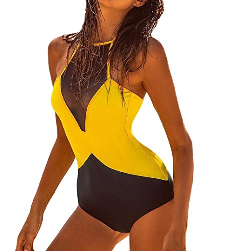 DELEY Mujeres Cuello Alto Encaje Halter Una Sola Pieza Traje De Baño Bikini Monokini Trikini Swimsuit Amarillo Tamaño S