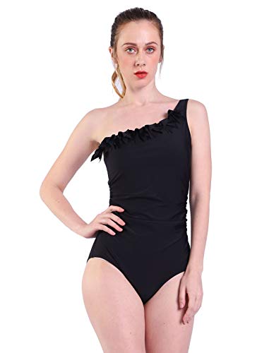 DELEY Mujeres Flor Oblicua Acolchado Traje De Baño Bikini Monokini Beachwear Negro Tamaño 2XL