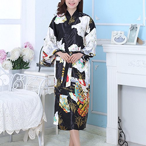 DELEY Mujeres Kimono Satén Seda Elegantes Suaves Batas de Baño Ropa de Dormir Albornoces Camisón Pijamas Peignoir Negro Tamaño M
