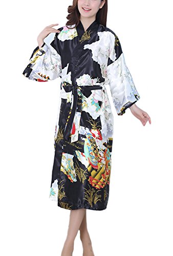 DELEY Mujeres Kimono Satén Seda Elegantes Suaves Batas de Baño Ropa de Dormir Albornoces Camisón Pijamas Peignoir Negro Tamaño M