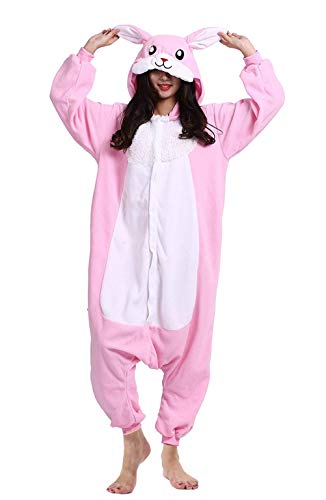 DELEY Unisex Adultos Enterizo de Pijamas Ropa de Dormir Rosa Conejo con Capucha de Cosplay de Anime Carnaval Halloween L