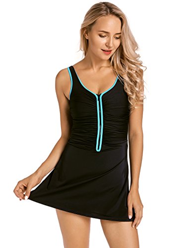 DELIMIRA - Bañador Cremallera Frontal con Falda Una Pieza para Mujer Multicolor #3 46