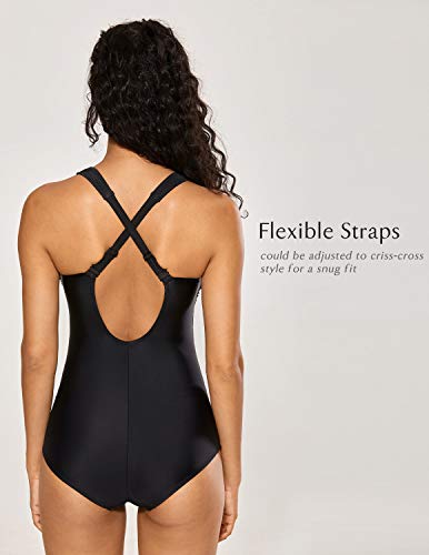 DELIMIRA - Bañador de Una Pieza Escote en V con Relleno para Mujer Verano Playa Negro 48