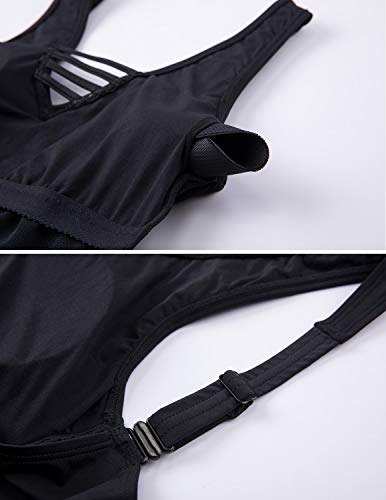 DELIMIRA - Bañador de Una Pieza Escote en V con Relleno para Mujer Verano Playa Negro 48