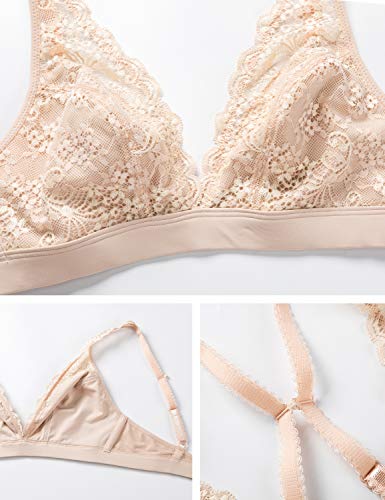 DELIMIRA Sujetador Triángulo de Encaje Bralette Sin Aros Sin Relleno para Mujer Beige 100C