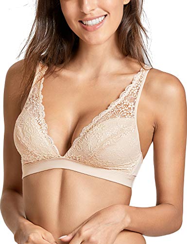 DELIMIRA Sujetador Triángulo de Encaje Bralette Sin Aros Sin Relleno para Mujer Beige 100C