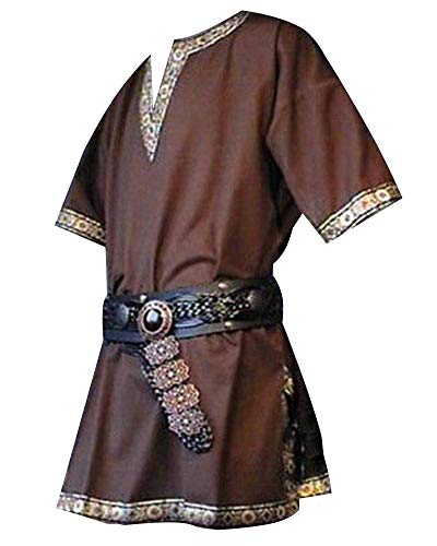 DianShaoA V-cuello de la camisa de manga corta traje de pirata medieval renacimiento Tops sin la correa para Hombres 3XL marrón