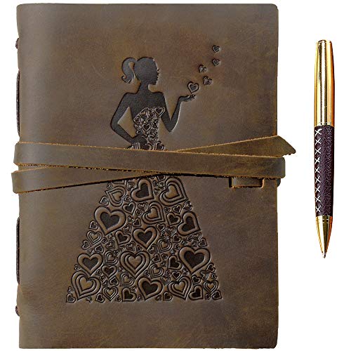 Diario De Viaje A5 Diseño De Mujer En Vestido De Corazón Diario De Cuero Genuino, Cuaderno Encuadernado Vintage Para Mujeres Adolescentes 20x15cm Cuero Rústico Hermoso Regalo Para Escribir + Bolígrafo