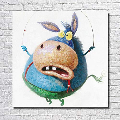 Dibujado a Mano Animales Decor Pintura al óleo Gracioso Dibujos Animados Burro Lienzo Arte Acrilica Pintura Estiramiento y Marco Hogar Pared Decoración,NoFrame,45x45cm