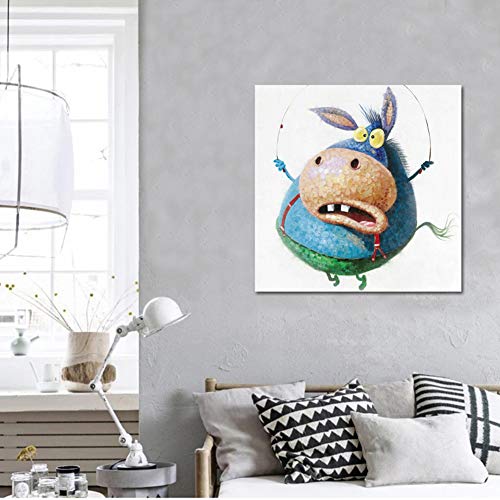 Dibujado a Mano Animales Decor Pintura al óleo Gracioso Dibujos Animados Burro Lienzo Arte Acrilica Pintura Estiramiento y Marco Hogar Pared Decoración,NoFrame,45x45cm