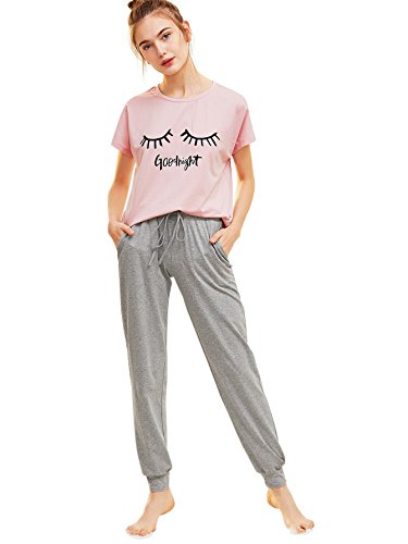 DIDK Conjunto de pijama para mujer con camiseta de manga corta y pantalones largos Rosa + gris. XS