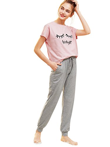 DIDK Conjunto de pijama para mujer con camiseta de manga corta y pantalones largos Rosa + gris. XS