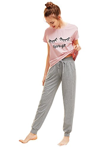 DIDK Conjunto de pijama para mujer con camiseta de manga corta y pantalones largos Rosa + gris. XS