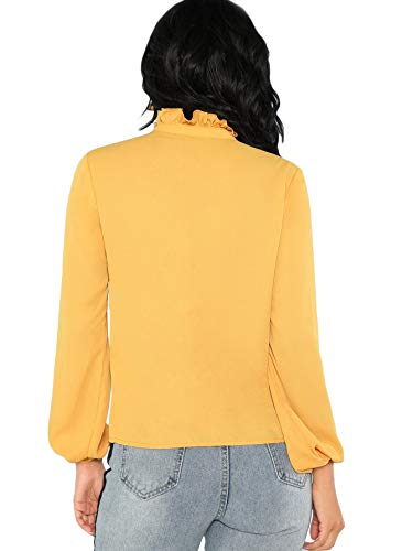 DIDK Elegante blusa de gasa para mujer, cuello alto, monocolor, camiseta de manga larga, con encaje, volantes, camiseta de trabajo, parte superior con lazo frontal amarillo S