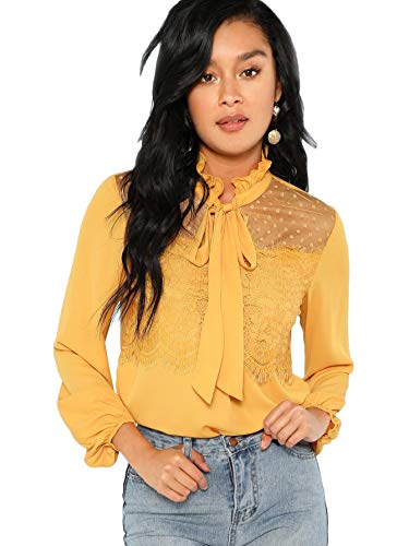 DIDK Elegante blusa de gasa para mujer, cuello alto, monocolor, camiseta de manga larga, con encaje, volantes, camiseta de trabajo, parte superior con lazo frontal amarillo S