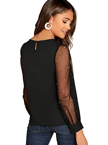 DIDK Elegante blusa de gasa para mujer, cuello redondo, monocolor, manga larga, parte superior de malla con perlas Negro M
