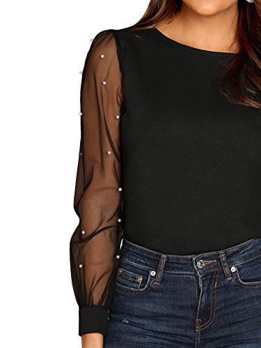 DIDK Elegante blusa de gasa para mujer, cuello redondo, monocolor, manga larga, parte superior de malla con perlas Negro M