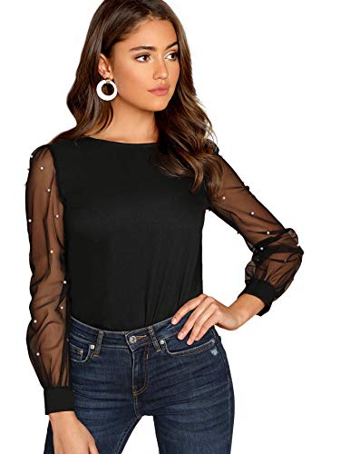 DIDK Elegante blusa de gasa para mujer, cuello redondo, monocolor, manga larga, parte superior de malla con perlas Negro M