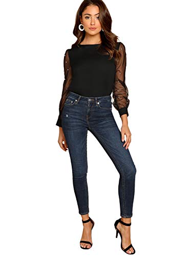 DIDK Elegante blusa de gasa para mujer, cuello redondo, monocolor, manga larga, parte superior de malla con perlas Negro M